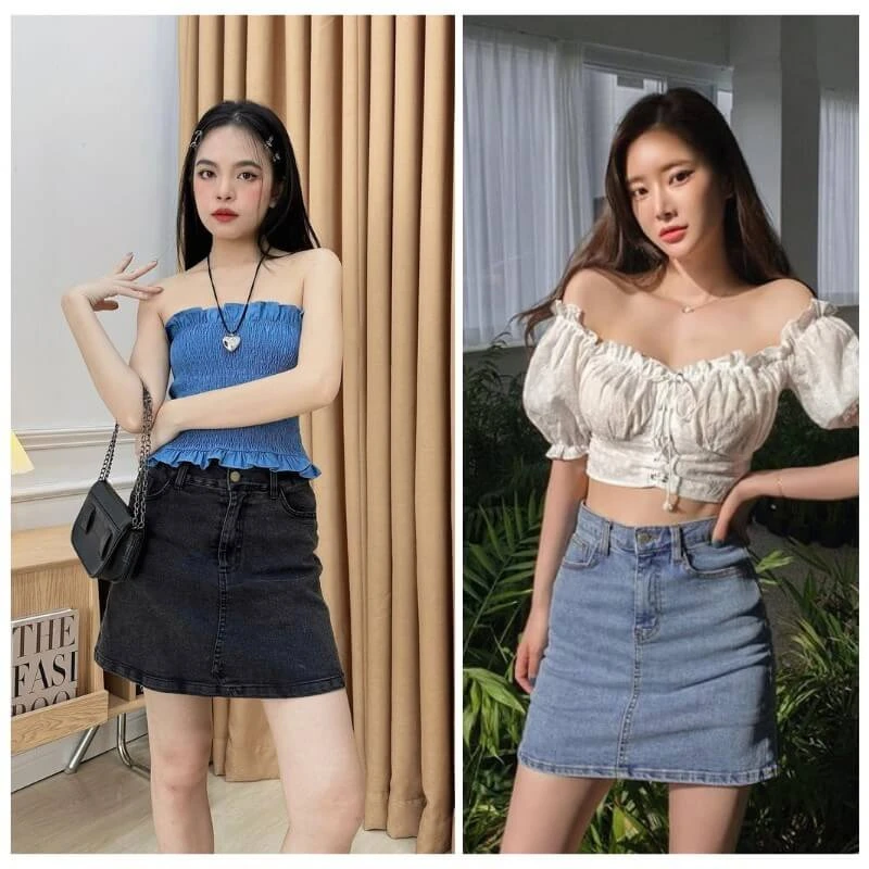 Phối chân váy jean với áo trễ vai