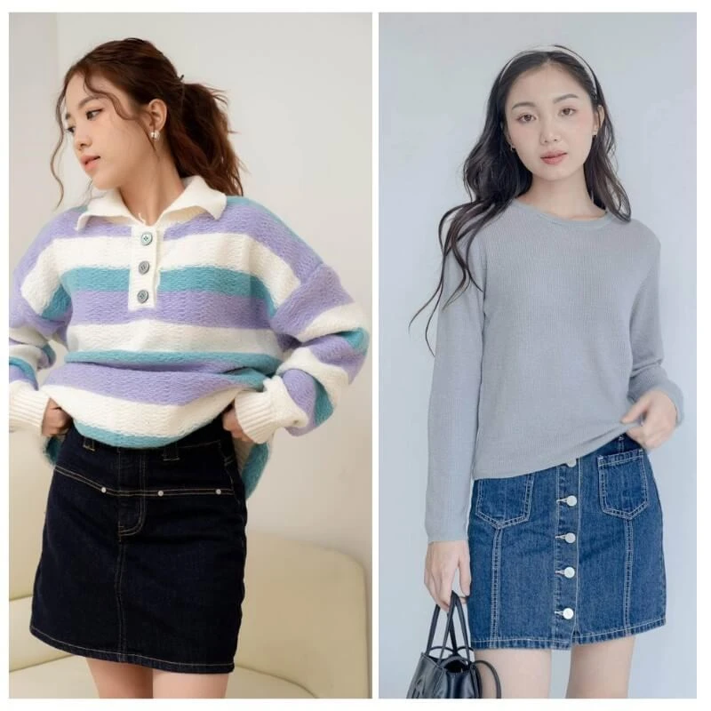 Phối chân váy jean với áo len
