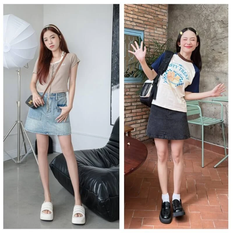 Chân váy jean phối với áo croptop