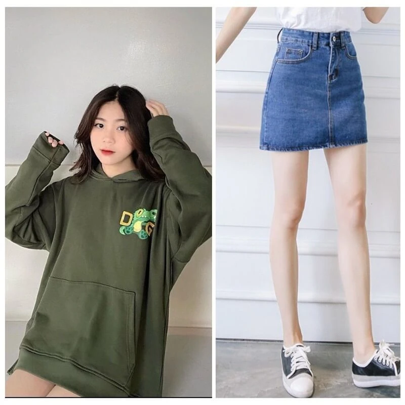 Phối chân váy jean với áo hoodie
