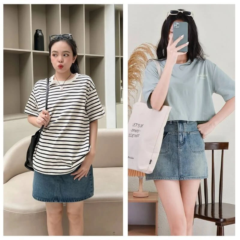 Phối chân váy jean với áo thun