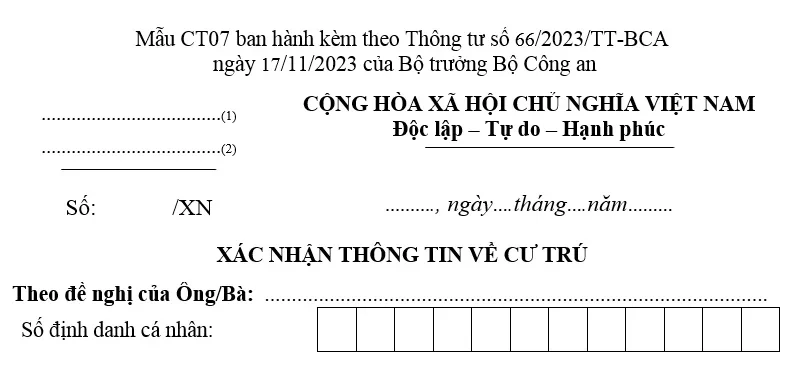 Mẫu xác nhận thông tin về cư trú CT07 áp dụng từ năm 2024