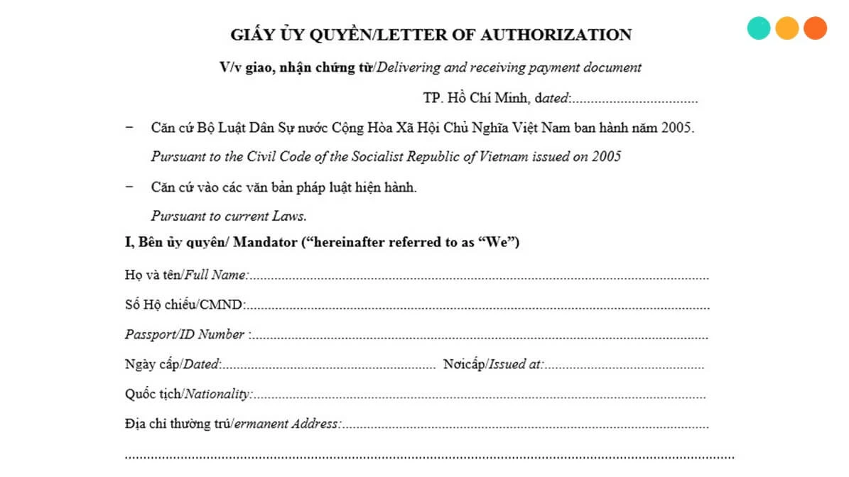 Mẫu giấy ủy quyền tiếng Anh song ngữ (Power Of Attorney) 