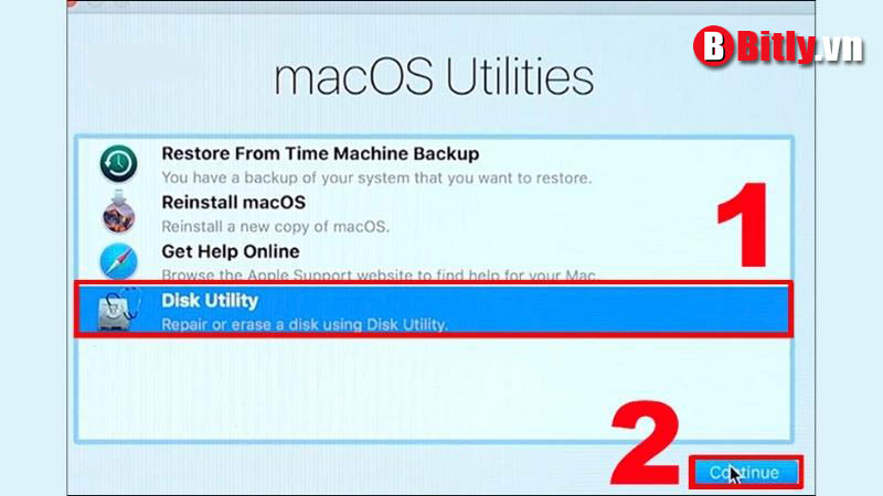 Chọn Disk Utility rồi nhấn Continue