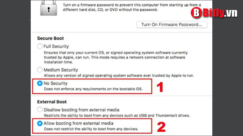 Nhấn chọn No Security và Allow booting from external media